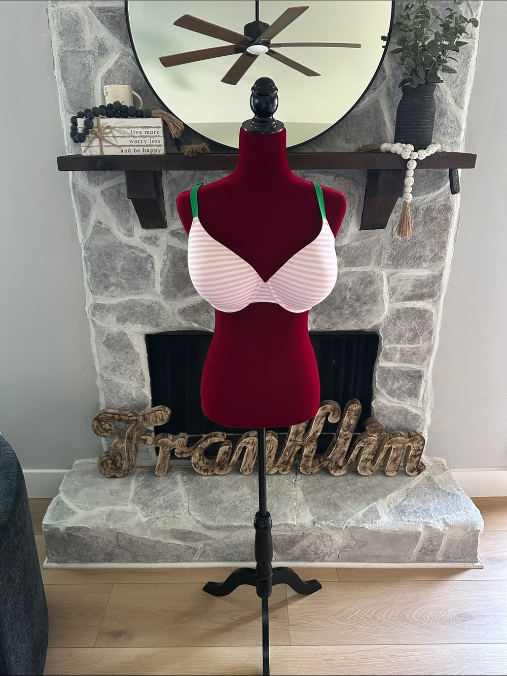 Victoria’s Secret Pink Striped Bra with Green Straps - 38DD